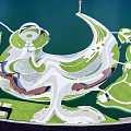 Waterfront Landscape Design With Curved Pathways Green Lawns And Water Area
