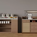 Wooden Kitchen Counter Setup With Rattan Doors Metal Containers Fruits And Coffee Machine