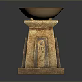 Carved Stone Stool With Square Base Intricate Patterns And Brass Bowl On Top