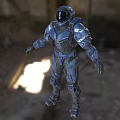 Blue Mech Warrior Standing In Ruined Building With Stone Walls And Light Rays
