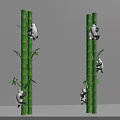 Two Cute Pandas Climbing Tall Green Bamboo Stalks With Leaves