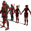 Red and Black Deadpool Action Figures with Swords and Various Poses