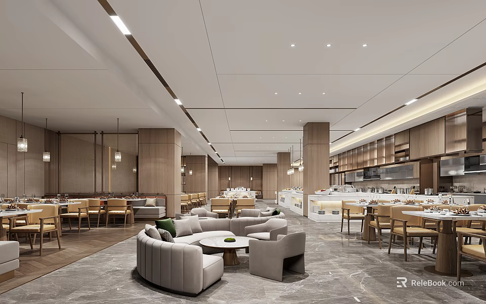 Modern Restaurant Interior Design With Wooden Columns Gray Sofas Dining Tables And Counter 3d model