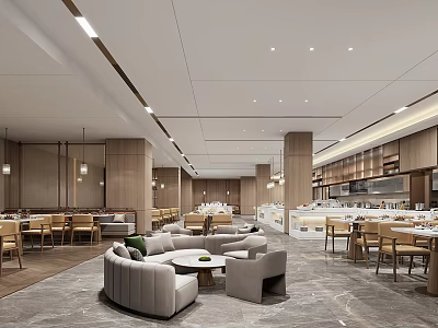 Modern Restaurant Interior Design With Wooden Columns Gray Sofas Dining Tables And Counter 3d model