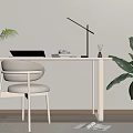 White Writing Desk with Laptop Books Desk Lamp Beige Chair and Plants on Wooden Floor