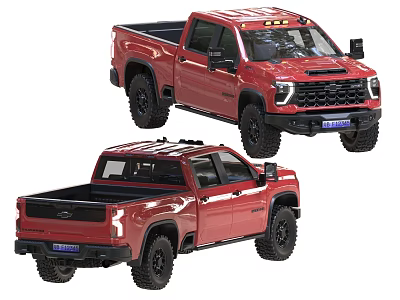 Two Red Crew Cab Pickup Trucks With Off Road Tires And Cargo Bed 3d model