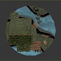 Cartoon Scene with Wooden House Green Roof Stone Wall Water Area and Wooden Bridge