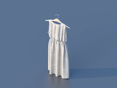 White Sleeveless Dress With Cinched Waist Hanging On Hanger Against Blue Background 3d model