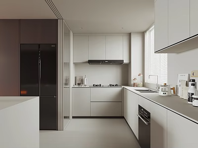Modern Kitchen Interior With White Cabinets Black Refrigerator Island And Appliances 3d model