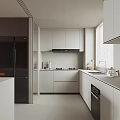 Modern Kitchen Interior With White Cabinets Black Refrigerator Island And Appliances