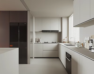 Modern Kitchen Interior With White Cabinets Black Refrigerator Island And Appliances 3d model
