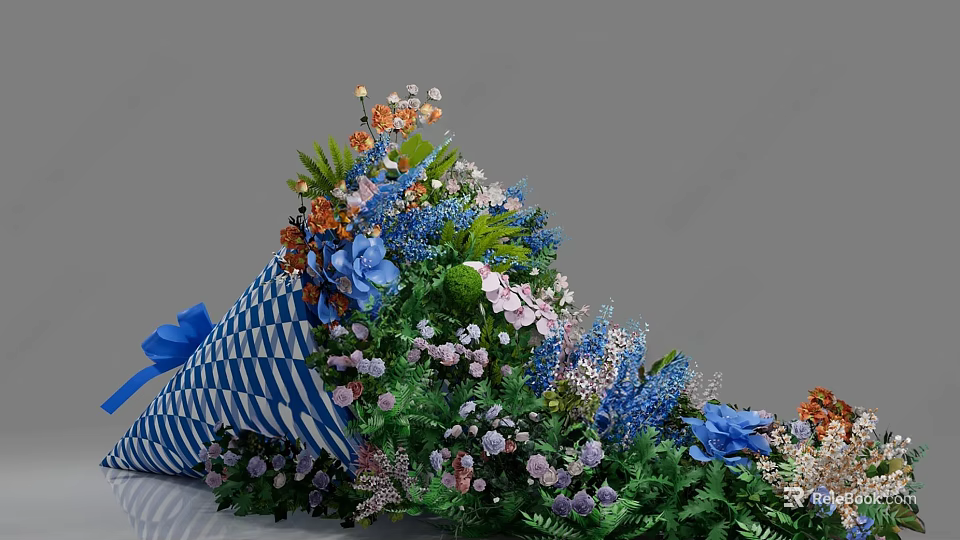 Colorful Flower Bouquet With Blue White Striped Wrapping Blue Bow Mixed Blooms And Green Leaves 3d model 