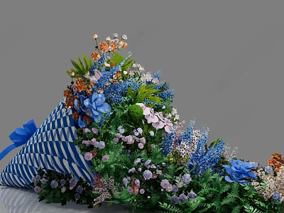 Colorful Flower Bouquet With Blue White Striped Wrapping Blue Bow Mixed Blooms And Green Leaves 3d model