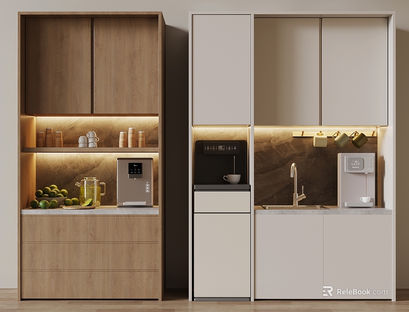 Sleek Modern Pantry Design With Wooden Light Cabinets Coffee Machine Water Dispenser And Tea Sets 3d model 
