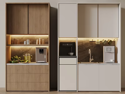 Sleek Modern Pantry Design With Wooden Light Cabinets Coffee Machine Water Dispenser And Tea Sets 3d model