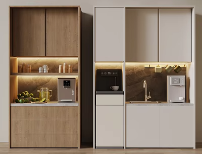Sleek Modern Pantry Design With Wooden Light Cabinets Coffee Machine Water Dispenser And Tea Sets 3d model