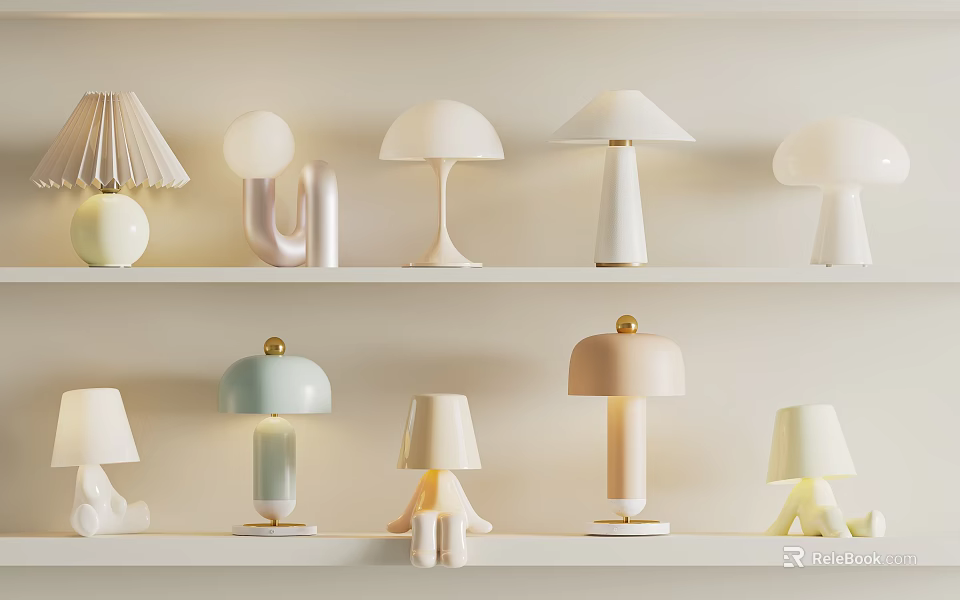 Modern Minimalist Table Lamps With Various Designs On White Shelves For Home Interior Decor 3d model 