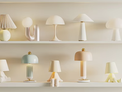Modern Minimalist Table Lamps With Various Designs On White Shelves For Home Interior Decor 3d model