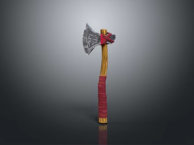 Decorative Battle Axe With Metal Blade Wooden Handle And Red Wrapping Design 3d model