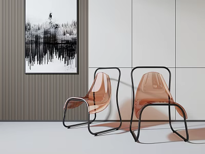 Modern Transparent Orange Single Chair With Black Metal Frame In Interior With Decorative Wall Art 3d model