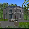Elegant Detached Villa With Blue Roof Large Windows Balconies Green Trees Lawn And Stone Pathway