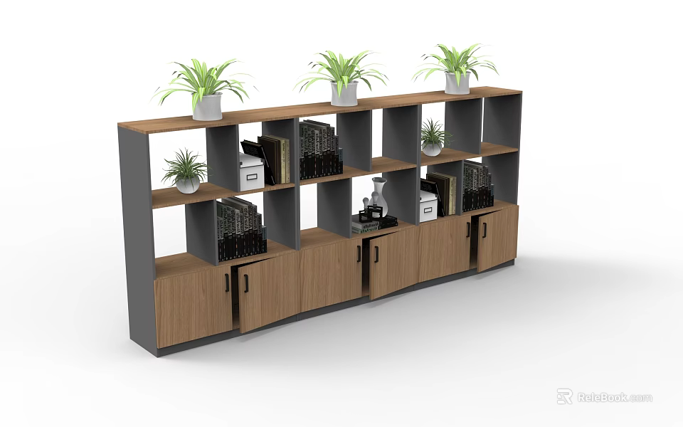 Modern Wooden Bookcase With Multiple Shelves Cabinet Doors And Decorative Plants 3d model 