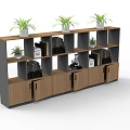 Modern Wooden Bookcase With Multiple Shelves Cabinet Doors And Decorative Plants