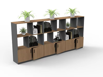 Modern Wooden Bookcase With Multiple Shelves Cabinet Doors And Decorative Plants 3d model