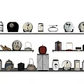 Stylish Tea Sets Including Ceramic Jars Displayed on White Shelves with Decorative Designs 3d model