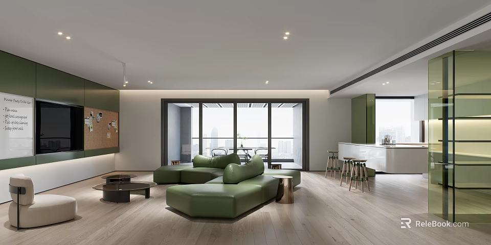 Modern Break Room Interior Design With Green Sofa Large Windows And Bar Stools 3d model