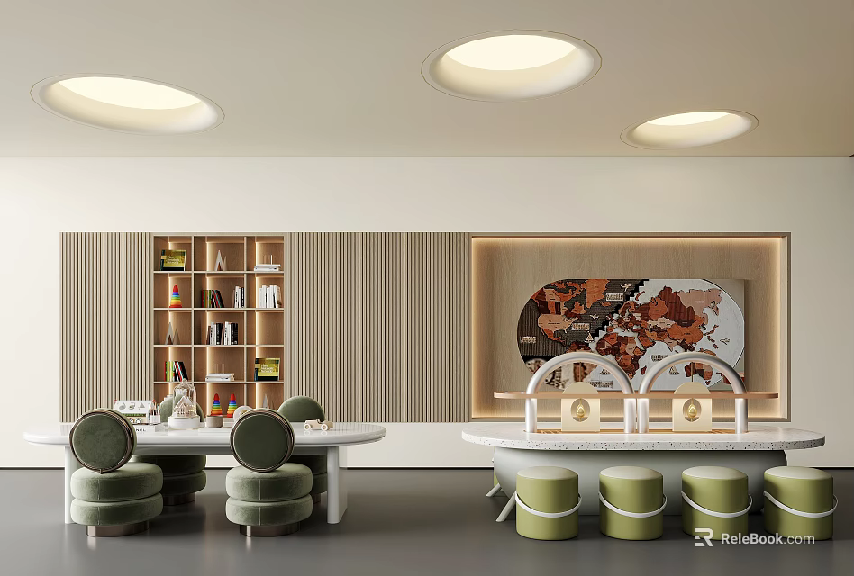 Kids Table With Green Stools And Bookshelf In Bright Room With Round Lights And Artwork 3d model 