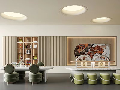 Kids Table With Green Stools And Bookshelf In Bright Room With Round Lights And Artwork 3d model