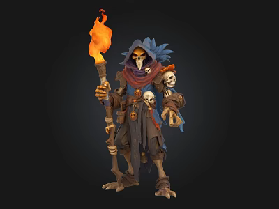 Game Movie Character With Bone Staff Torch Skull And Hooded Robe 3d model