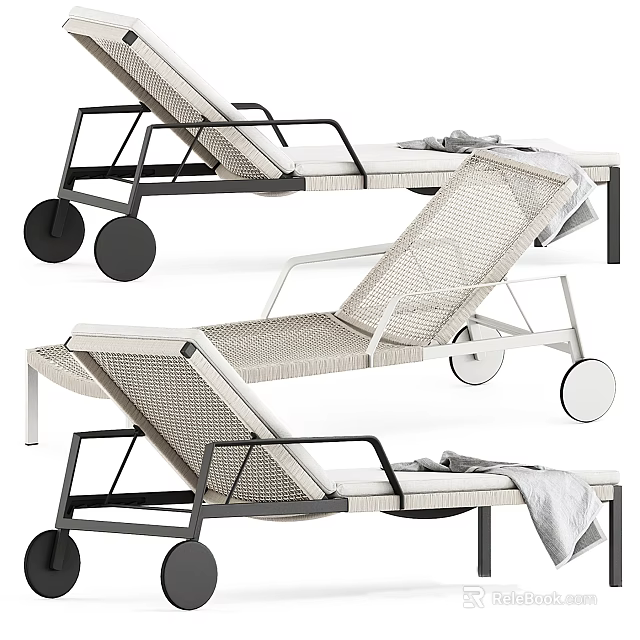Modern Wicker Lounge Chair With Metal Frame Wheels And Towel On Top 3d model 