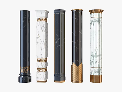 Elegant Decorative Pillars Collection Featuring Various Marble Black Designs And Gold Accents 3d model