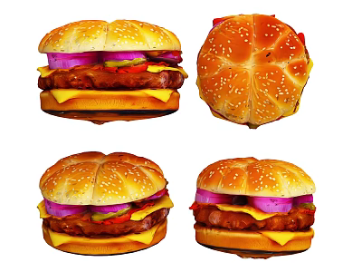 Fresh Juicy Hamburgers With Sesame Buns Cheese Onion And Meat Patty 3d model