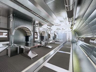 Futuristic Industrial Interior With Metal Walls Curved Structures Workstations And Bright Lighting 3d model