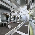 Futuristic Industrial Interior With Metal Walls Curved Structures Workstations And Bright Lighting