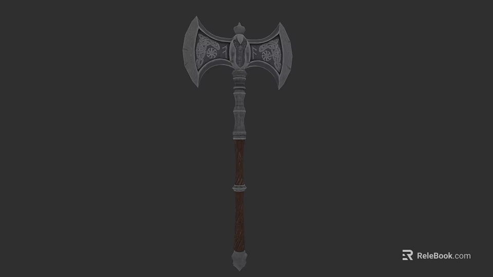 Decorative Battle Axe with Intricate Metal Blades and Wooden Handle Design 3d model 