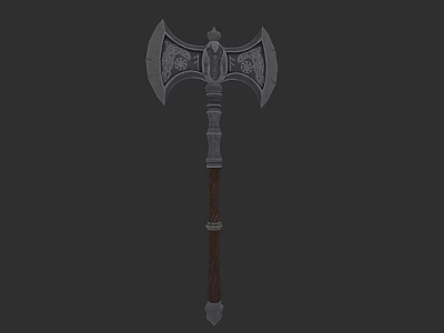 Decorative Battle Axe with Intricate Metal Blades and Wooden Handle Design 3d model