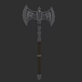Decorative Battle Axe with Intricate Metal Blades and Wooden Handle Design