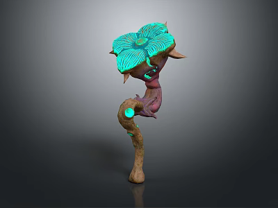 Fantasy Creature With Curved Brown Stem Blue Glowing Flower Small Horns And Green Glowing Spots 3d model