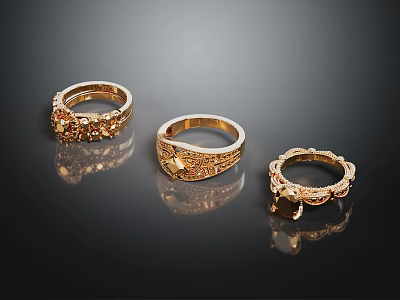 Three Elegant Gold Fashion Rings With Gemstone And Intricate Decorative Patterns 3d model