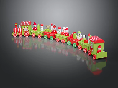 Electric Toy Train With Multiple Green and Red Carriages And Santa Claus Figures 3d model