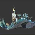 Dynamic Cartoon Scene With Dragon Riding Ship Through Blue Waves And Flaming Torch