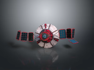 3D Satellite Model With Circular Body Red Structure Blue Components And Solar Panels 3d model
