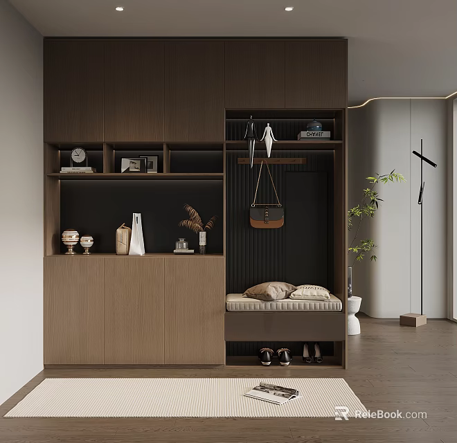 Modern Wooden Storage Unit With Hanging Bag Decorative Items And Bench 3d model