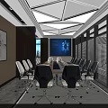 Modern Conference Room Interior Design With Long Table Leather Chairs And Projector Screen 3d model