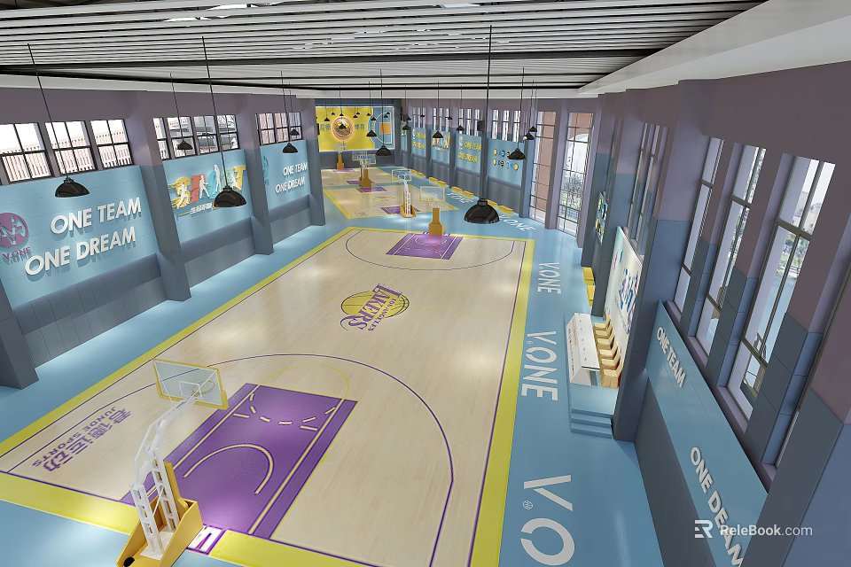 Indoor Basketball Gym Interior With Wooden Floor Yellow Logo Purple Areas And Motivational Wall Slogans 3d model 