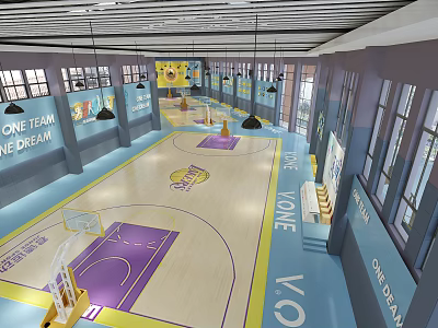 Indoor Basketball Gym Interior With Wooden Floor Yellow Logo Purple Areas And Motivational Wall Slogans 3d model